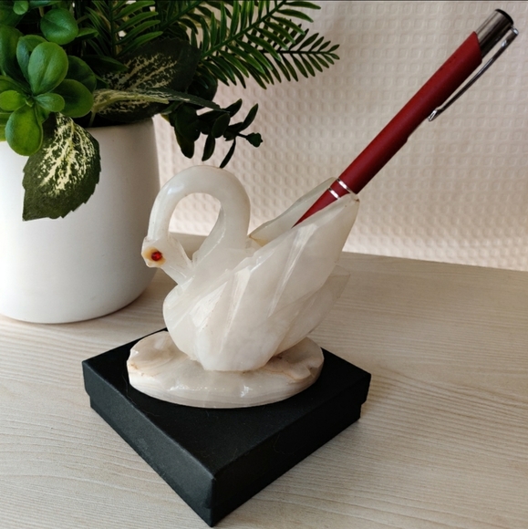 Vintage Onyx Marble Stone Carved Swan Pen Holder - Picture 11 of 13